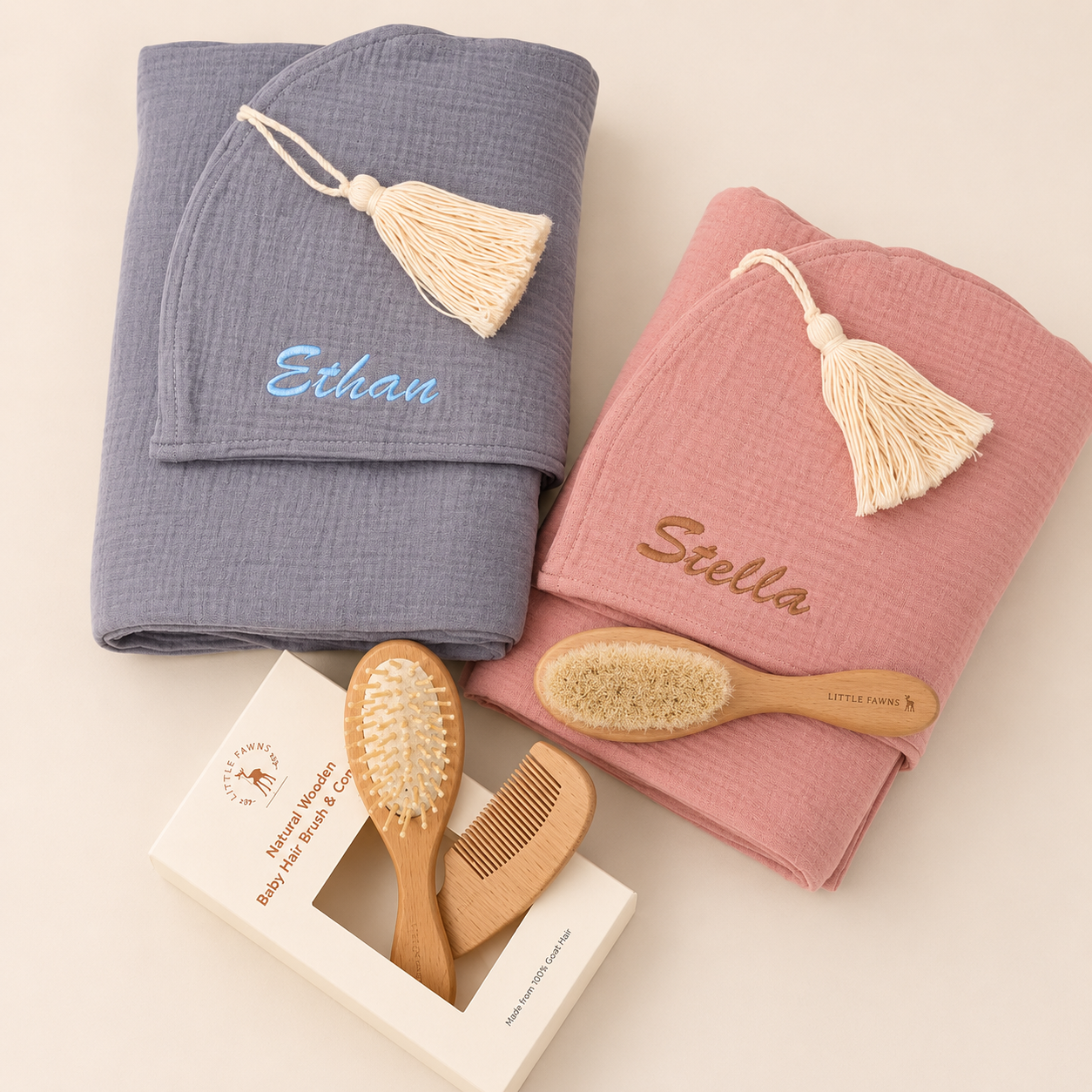 Organic Hooded Towel & Brush and Comb Set Bundle (Boy/Girl)