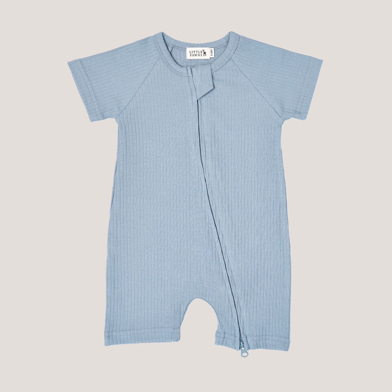 Ribbed Short Sleeve Zipper Romper in Powder Blue