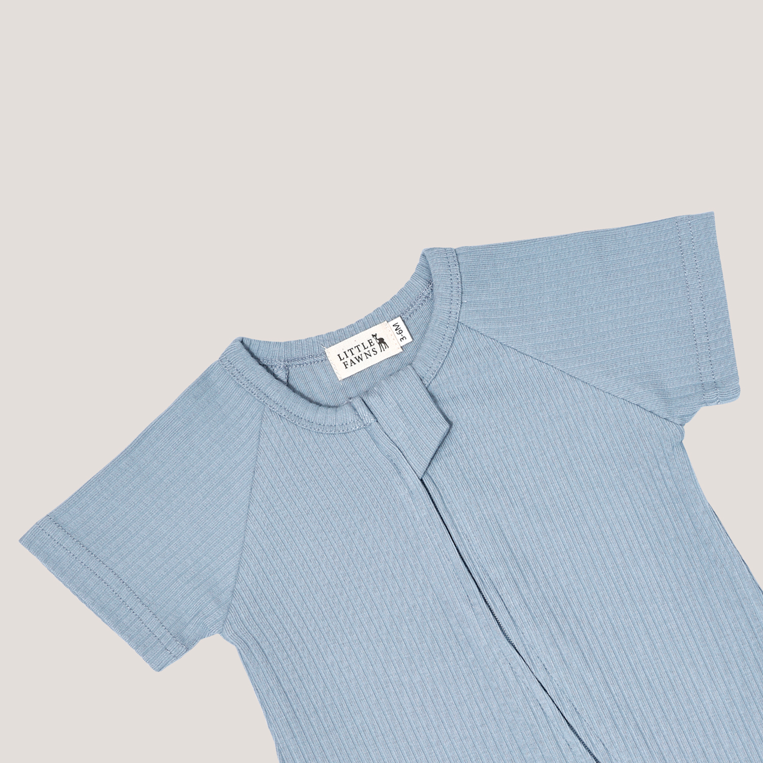 Ribbed Short Sleeve Zipper Romper in Powder Blue