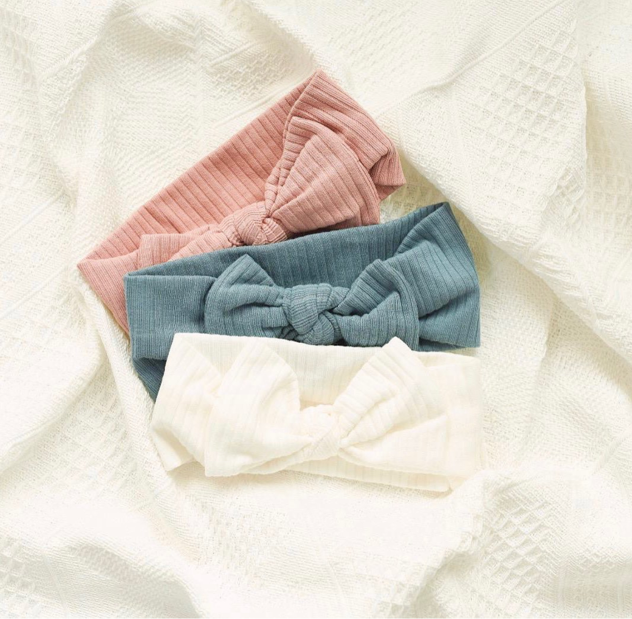 Ribbed Baby Bow Headband Bundle (Emerald Blue, Winter White, Dusty Pink)
