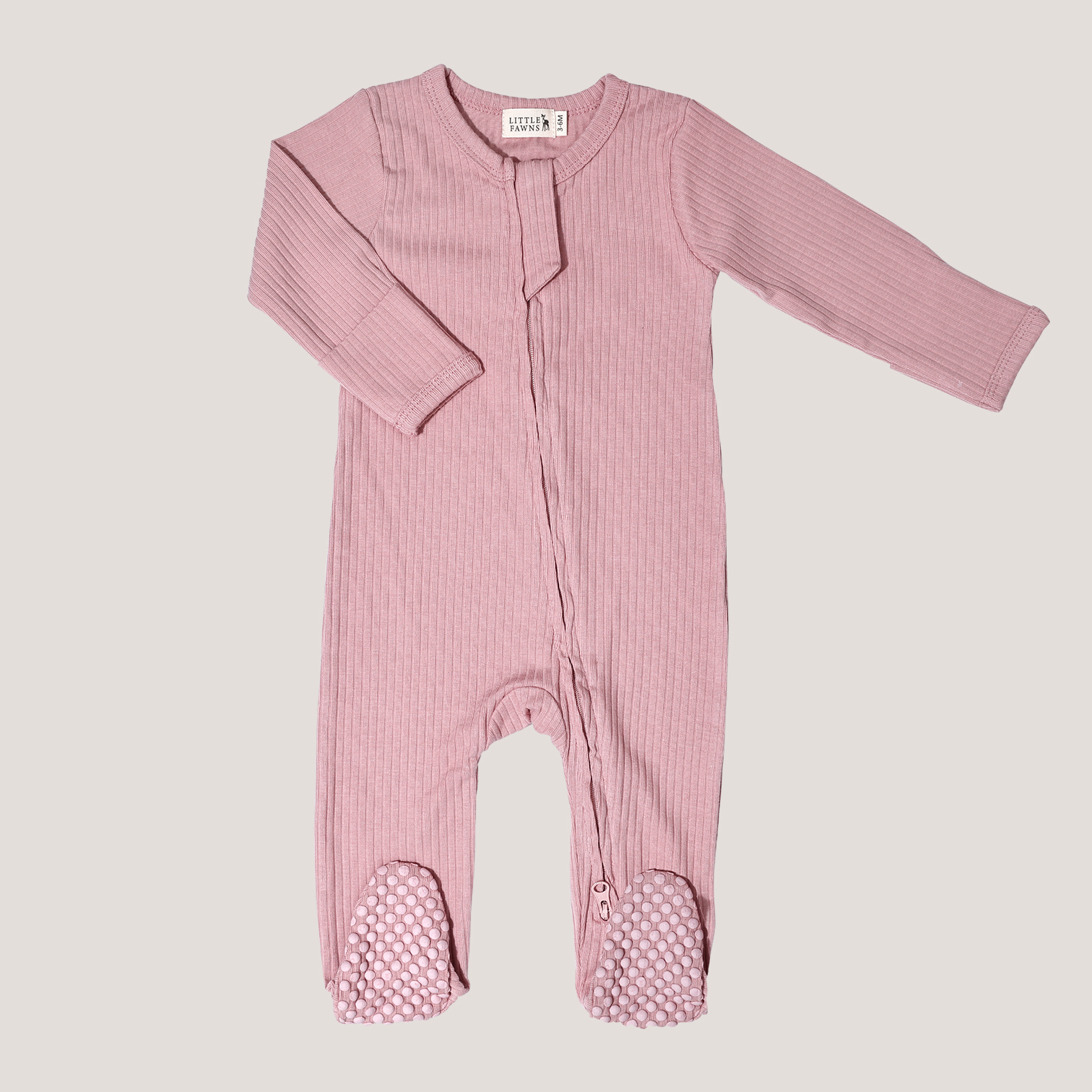 Ribbed Zip-Up Footed Sleepsuit in Dusty Pink