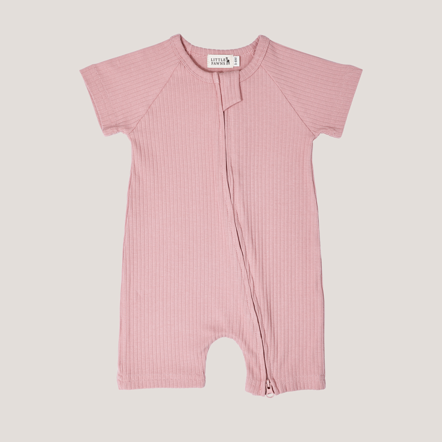 Ribbed Short Sleeve Zipper Romper in Dusty Pink