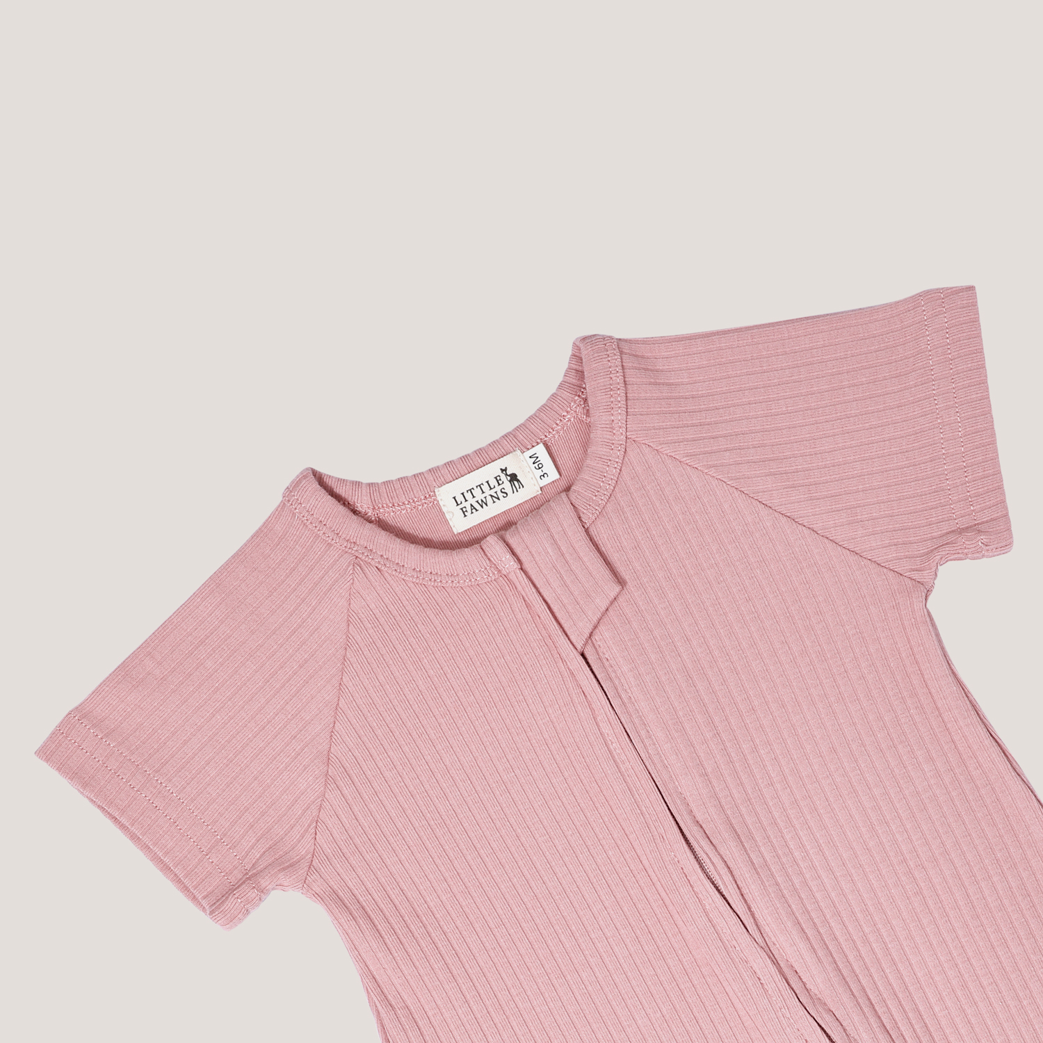Ribbed Short Sleeve Zipper Romper in Dusty Pink