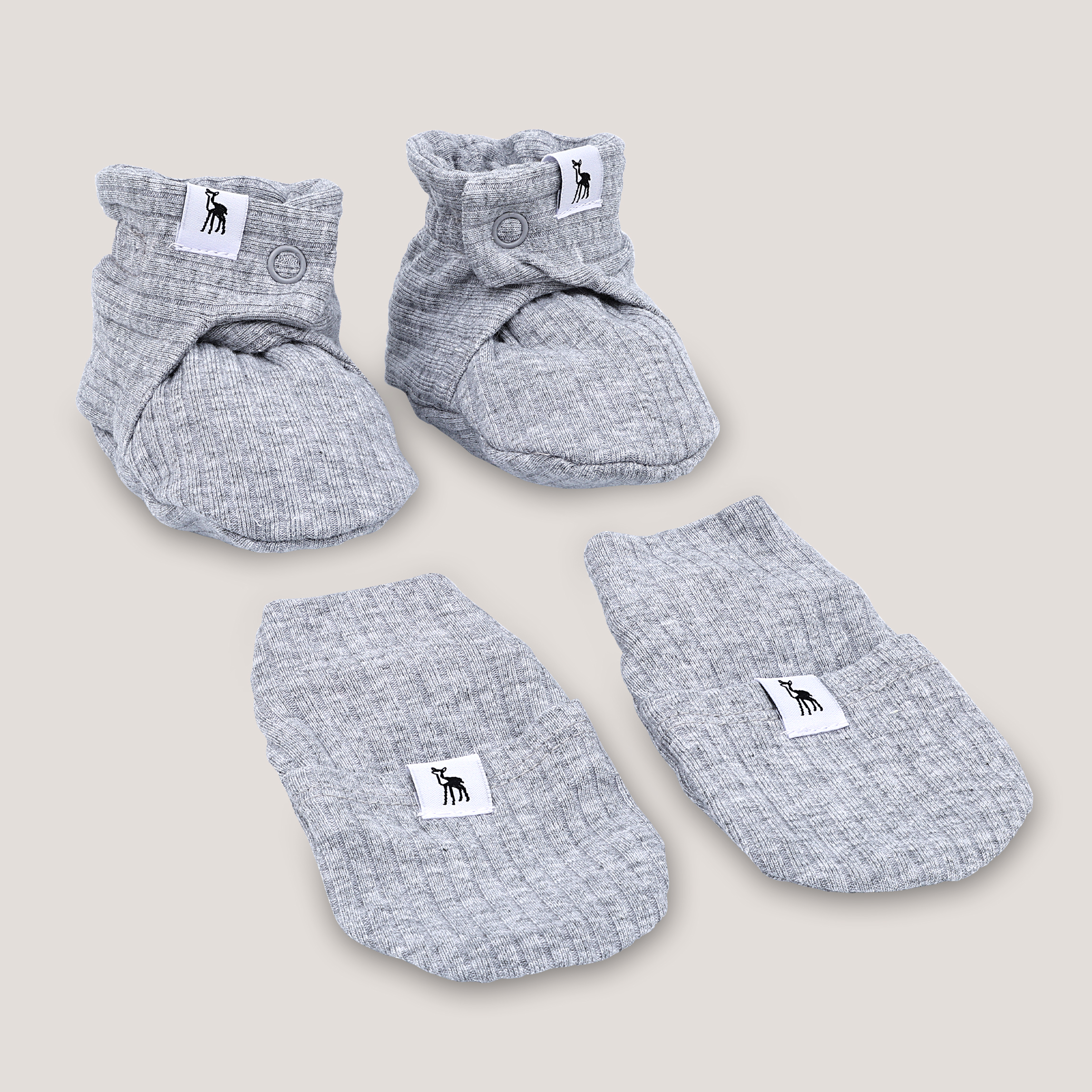 Ribbed Baby Mittens & Booties (Button) Bundle in Classic Grey 