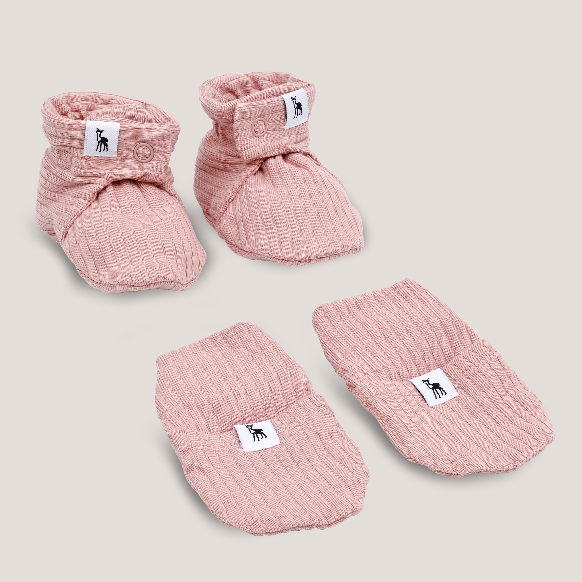 Ribbed Baby Mittens & Booties (Button) Bundle in Dusty Pink