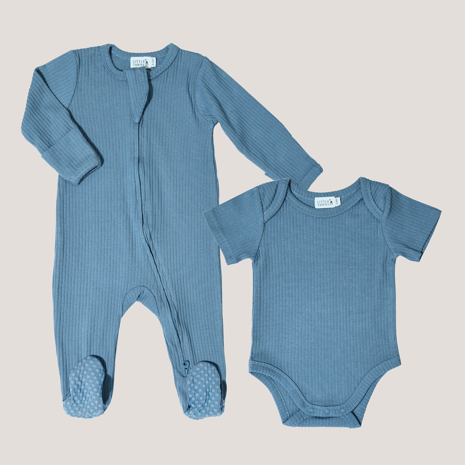 Ribbed Short Sleeve Romper & Ribbed Zip-Up Footed Sleepsuit (Emerald Blue)