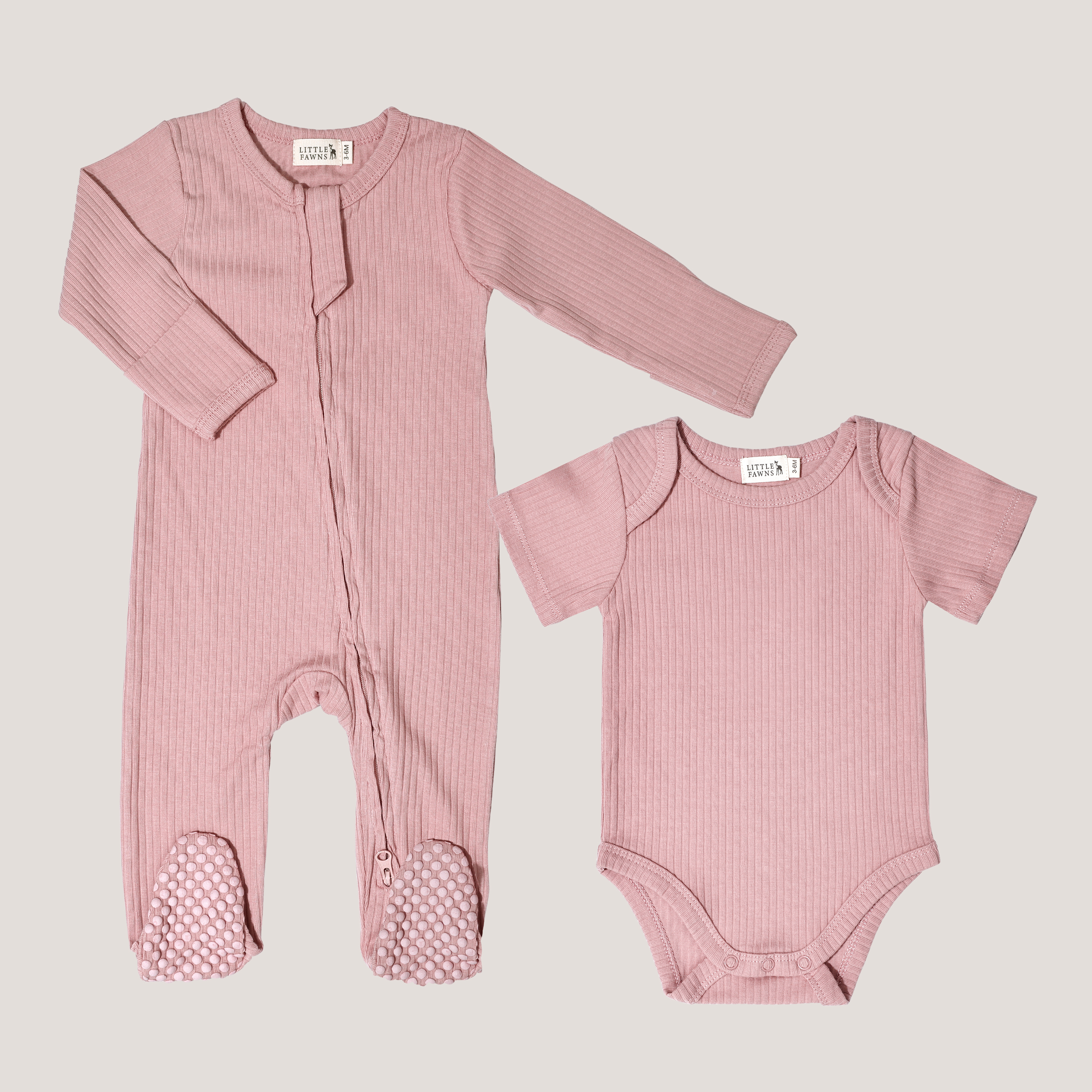 Ribbed Short Sleeve Romper & Ribbed Zip-Up Footed Romper (Dusty Pink)