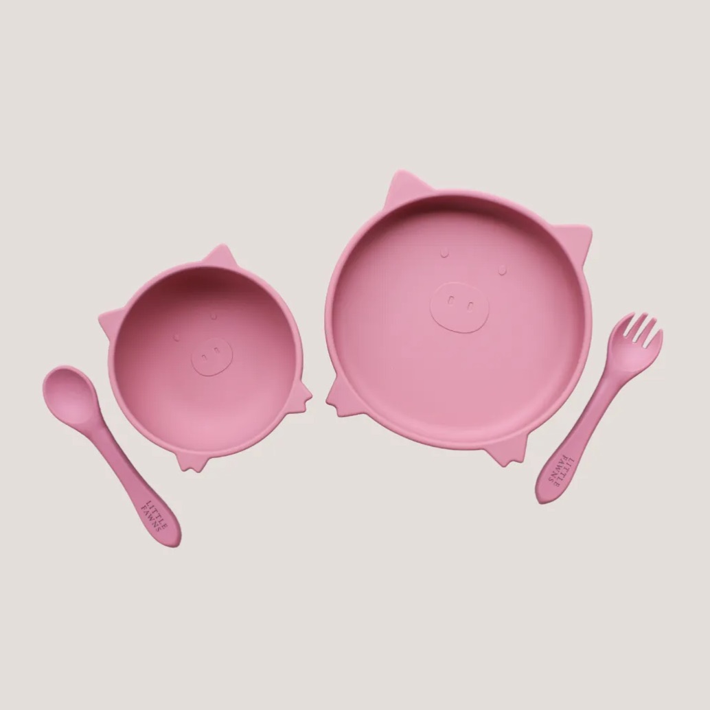 Silicone Suction Panda Bowl & Plate Set in Dusty Pink