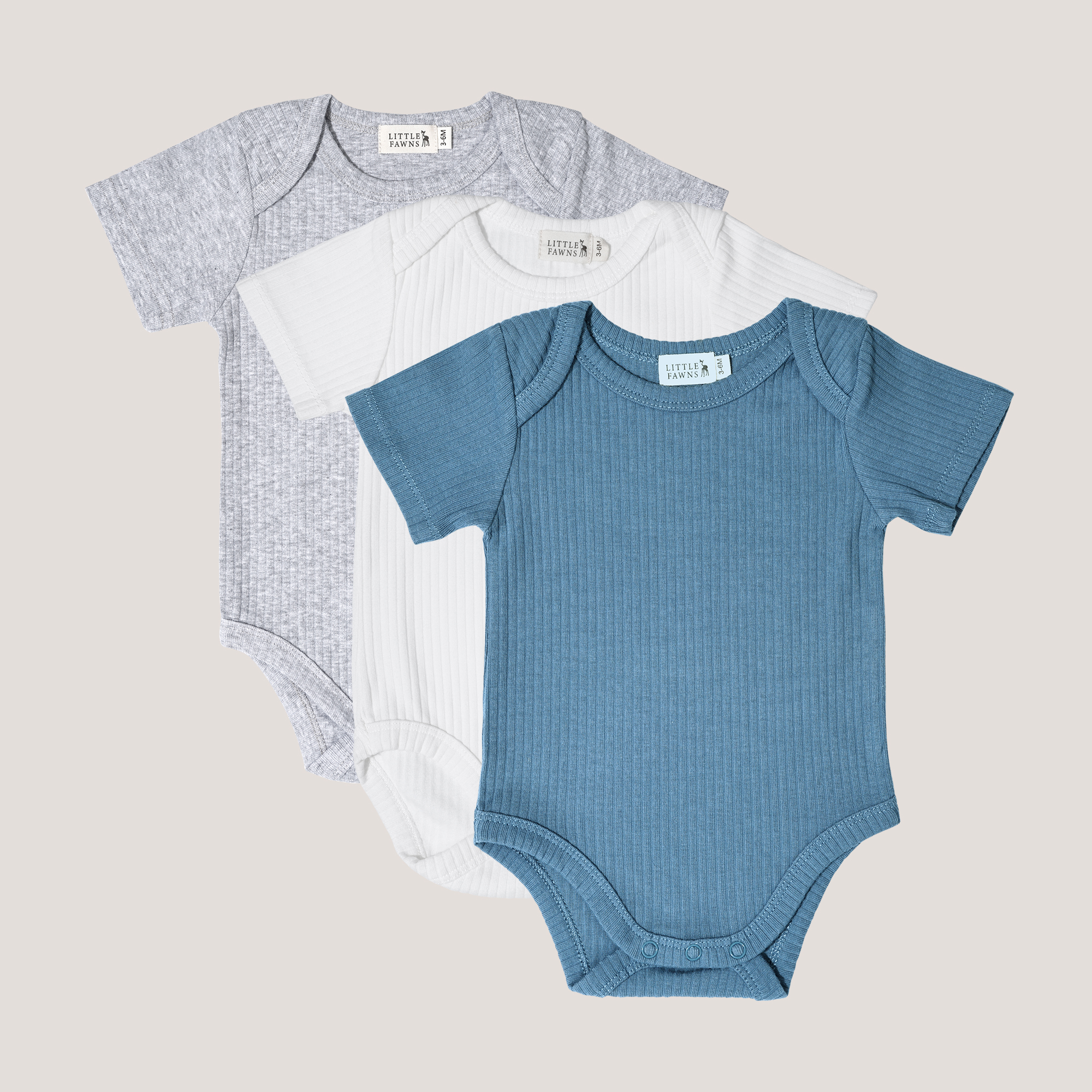 Ribbed Short Sleeve Romper Bundle (Emerald Blue, Winter White, Classic Grey)