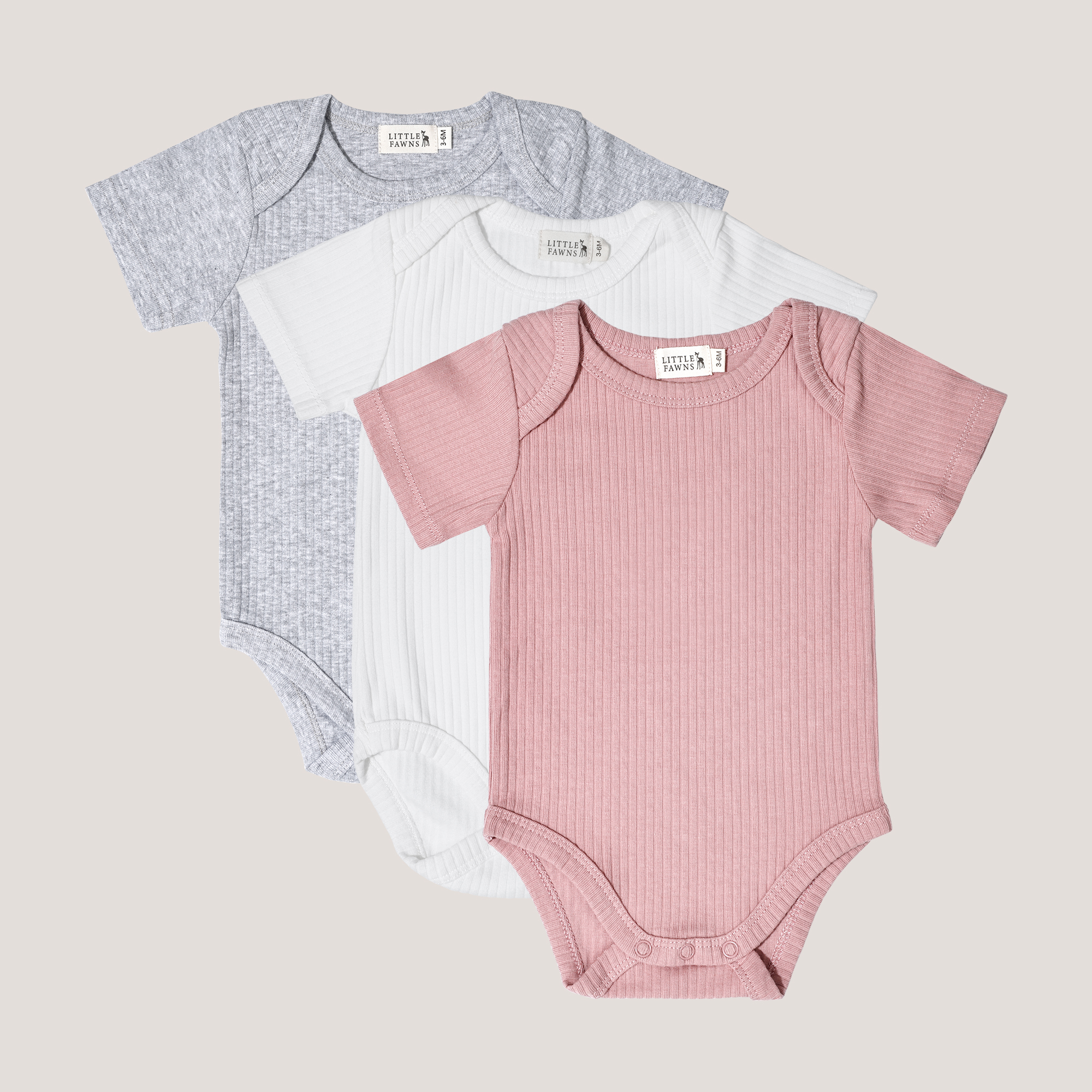 Ribbed Short Sleeve Romper Bundle (Dusty Pink, Winter White and Classic Grey)