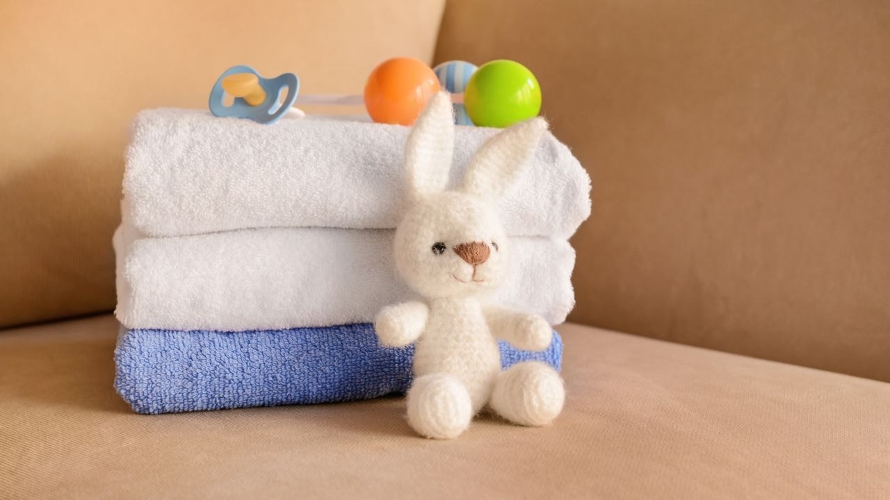 Stacked baby towels with other baby essentials