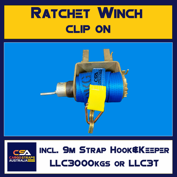 CSA Ratchet Winch Clip-On with HOOK & KEEPER Winch Strap LLC3000kg (LLC3T) 9Meter