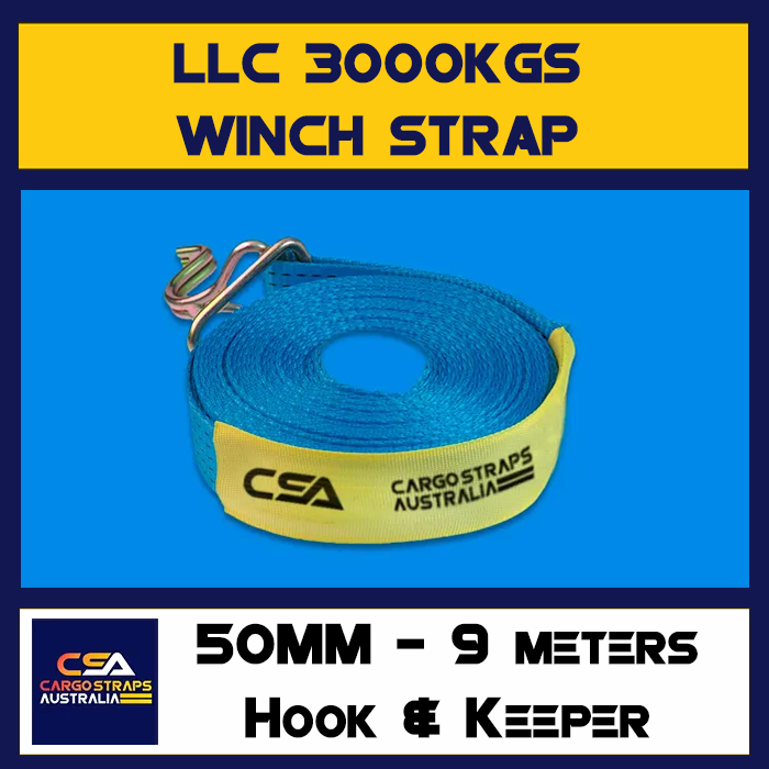 Winch Strap 50mm LLC3000kg Hook & Keeper 9M Strap 