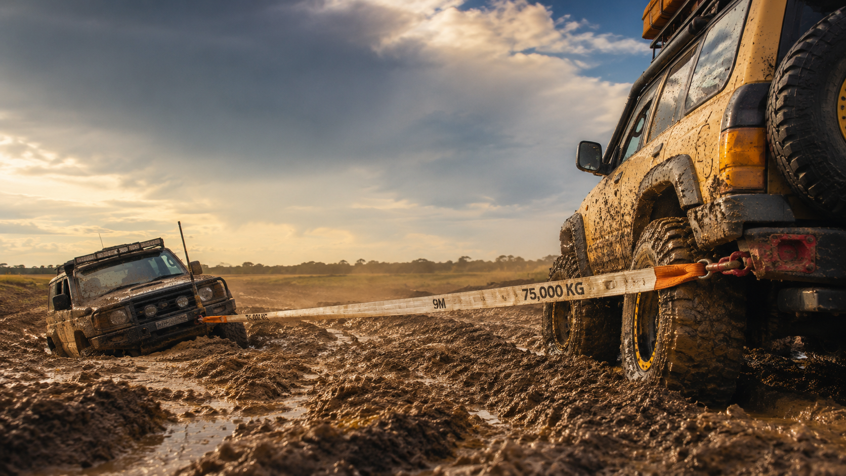 Tractor bogged deep in mud being recovered with a snatch strap