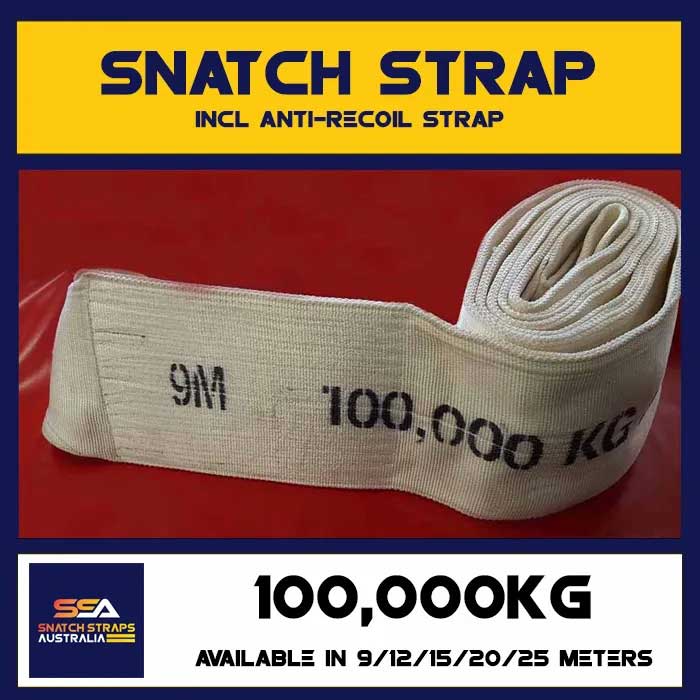 Snatch strap with anti-recoil feature, 100,000 kg capacity, labeled SSA Snatch Straps Australia. Available in 9/12/15/20/25 meters.