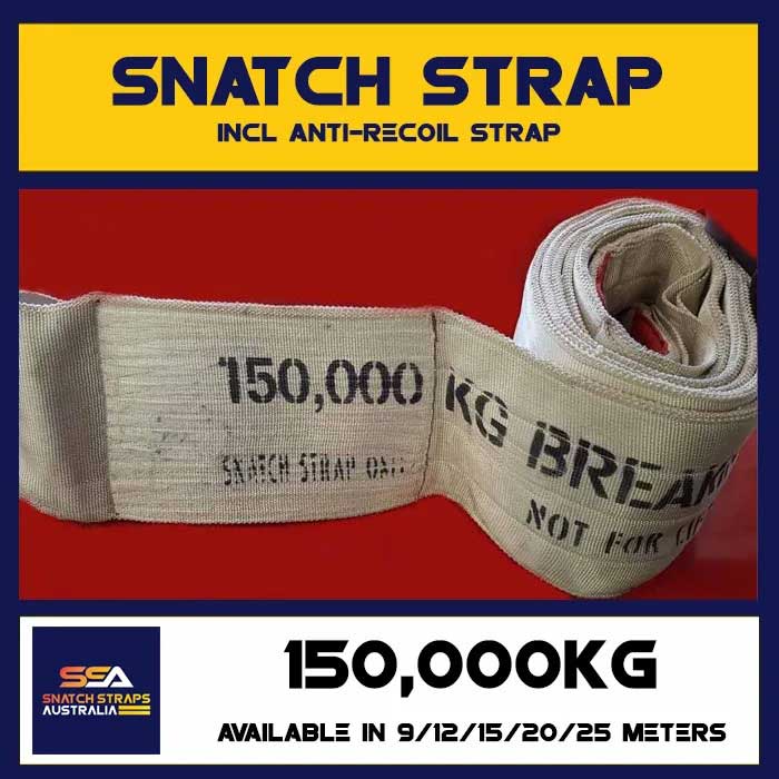 Snatch strap with anti-recoil feature, 150,000 kg capacity, labeled SSA Snatch Straps Australia. Available in 9/12/15/20/25 meters.