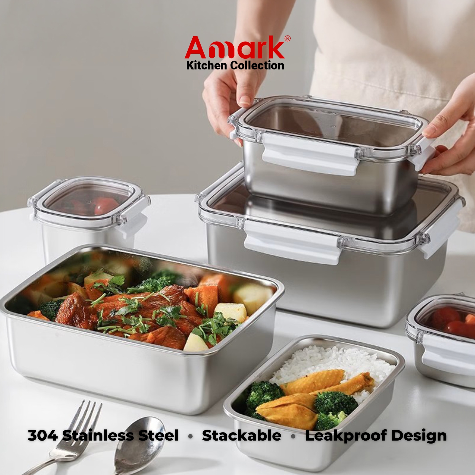 Amark Kitchen Collection 304 Stainless Steel Food Container | 250ML to 1600ML | Leakproof Bento Box