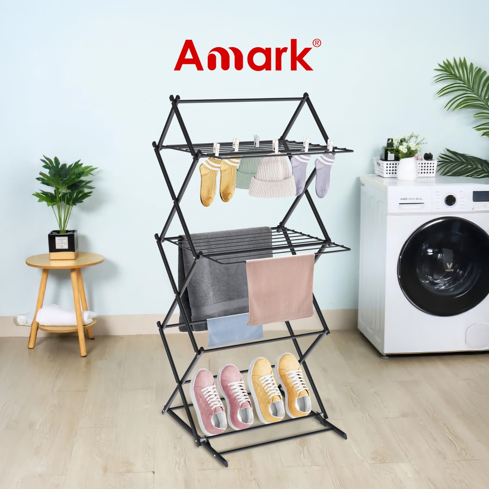 Amark 3-Tier Collapsible Laundry Rack with 22 Drying Rods - Super Quick Assembly - 54.5x53x130 cm
