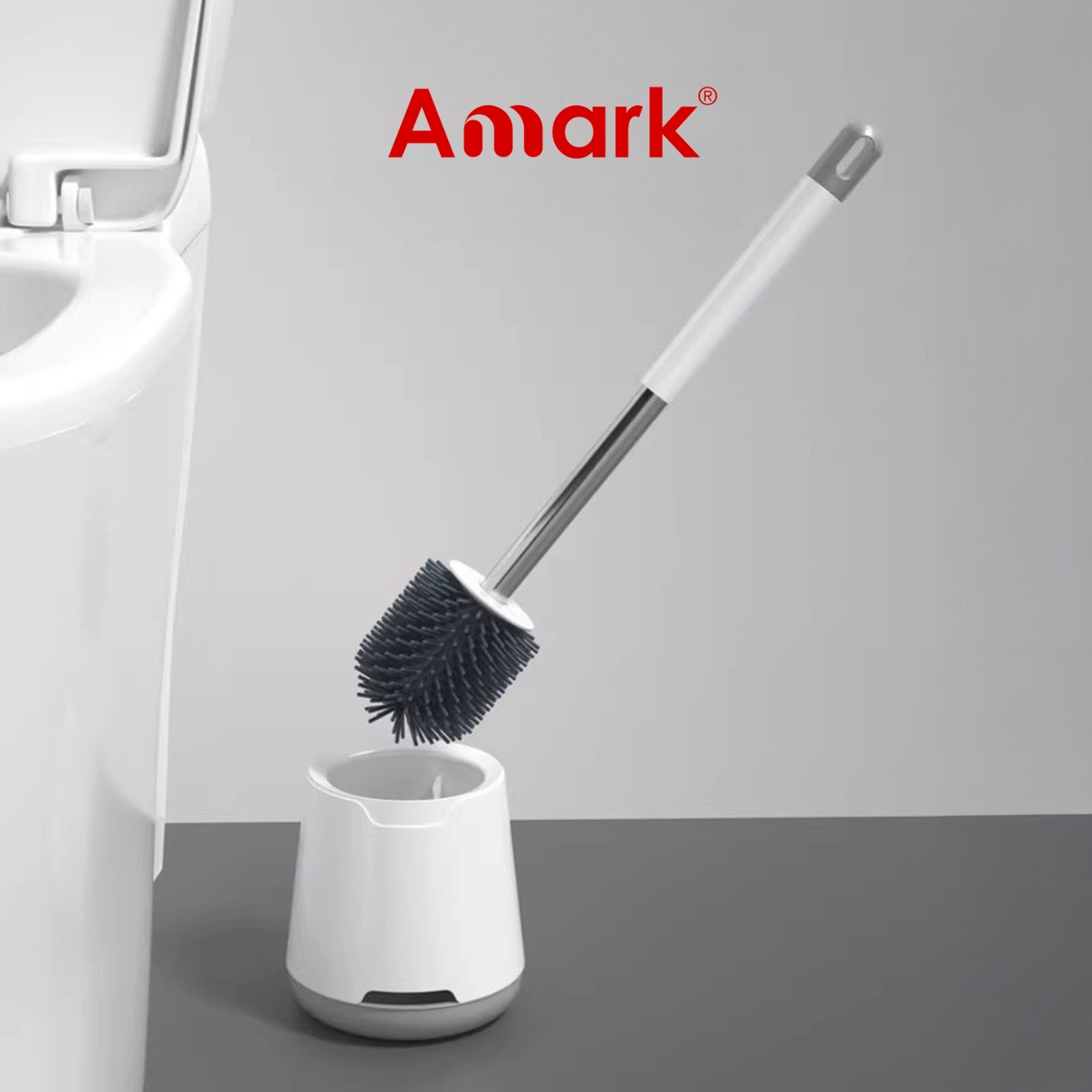 Amark Toilet Brush Set with Stainless Steel Handle, Ventilated Holder & TPR Bristles - Wall or Floor