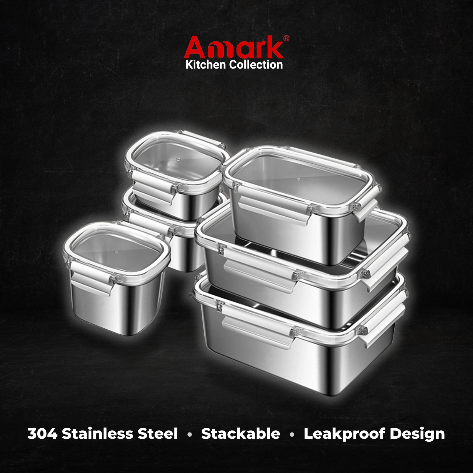 Amark Kitchen Collection 304 Stainless Steel Food Container | 250ML to 1600ML | Leakproof Bento Box