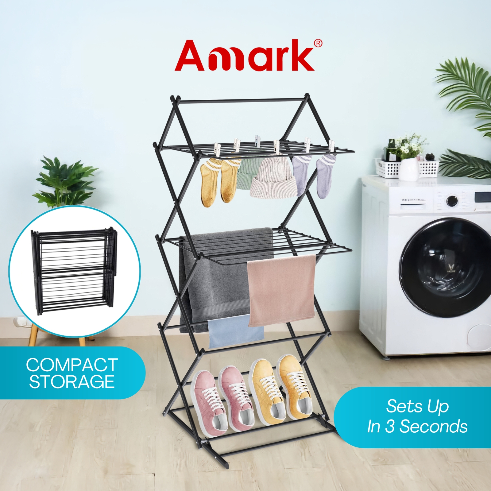 Amark 3-Tier Collapsible Laundry Rack with 22 Drying Rods - Super Quick Assembly - 54.5x53x130 cm