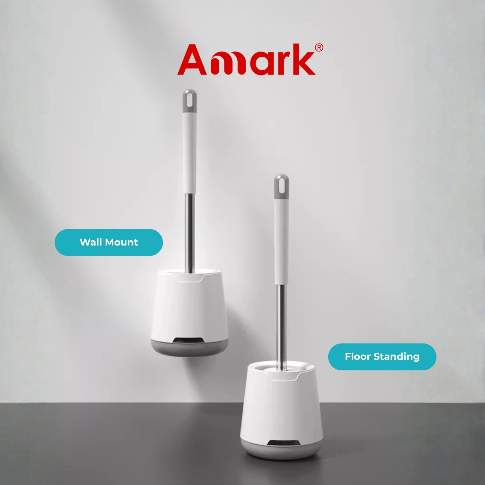 Amark Toilet Brush Set with Stainless Steel Handle, Ventilated Holder & TPR Bristles - Wall or Floor