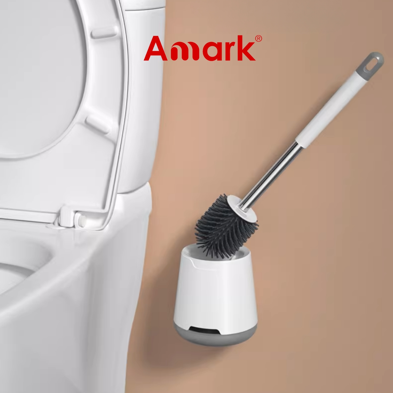 Amark Toilet Brush Set with Stainless Steel Handle, Ventilated Holder & TPR Bristles - Wall or Floor