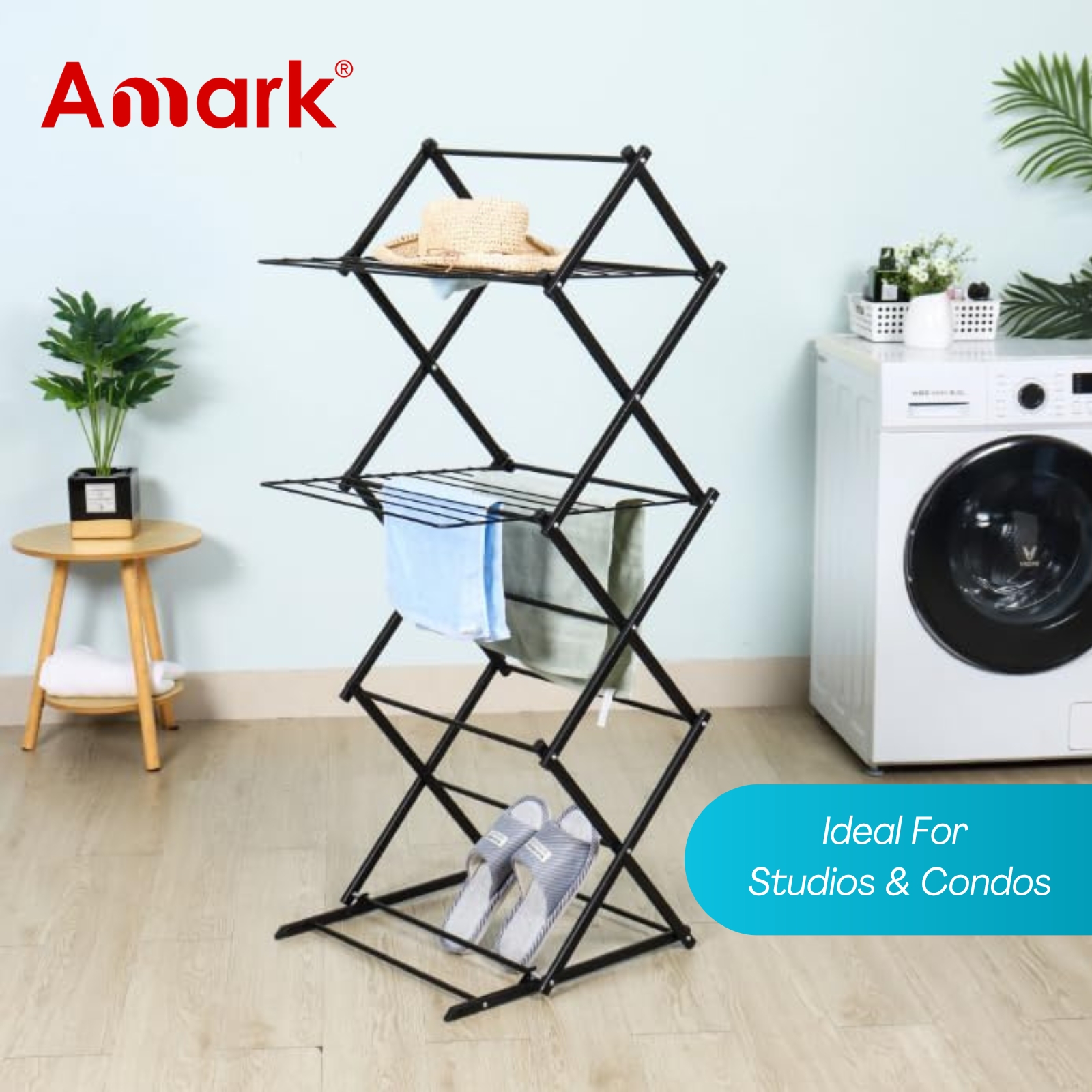 Amark 3-Tier Collapsible Laundry Rack with 22 Drying Rods - Super Quick Assembly - 54.5x53x130 cm