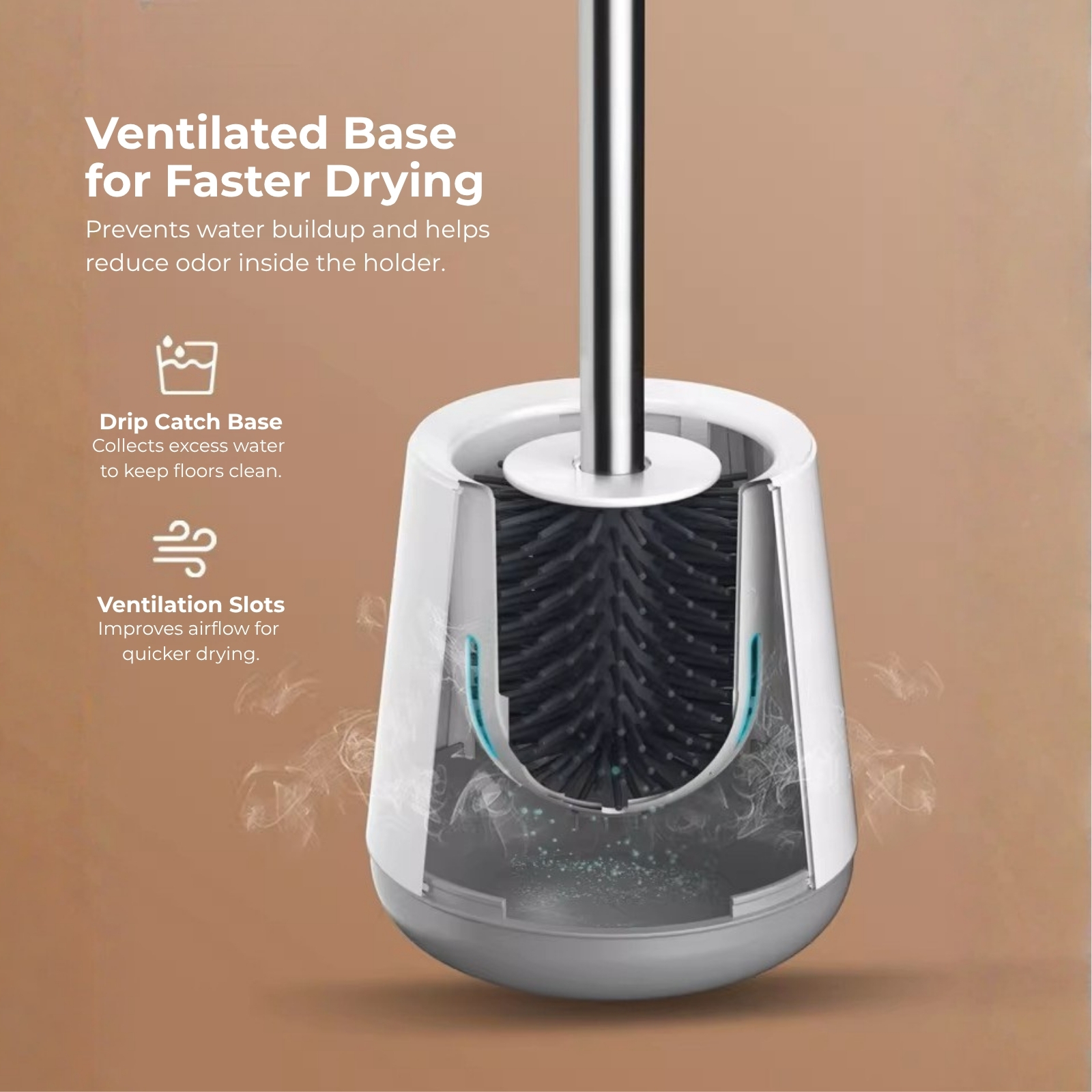 Amark Toilet Brush Set with Stainless Steel Handle, Ventilated Holder & TPR Bristles - Wall or Floor