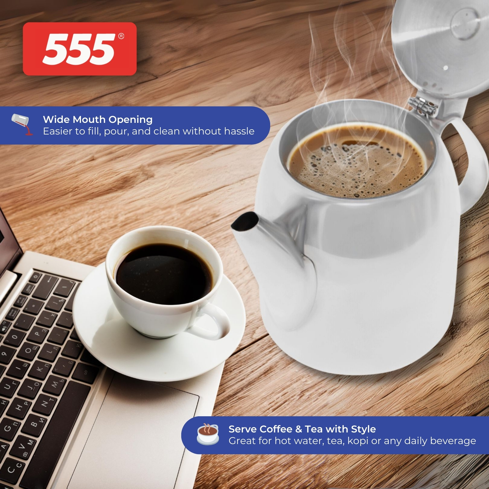 555 Classic Stainless Steel Coffee Pot - 304 Stainless Steel - For Coffee, Tea, Beverage, Water