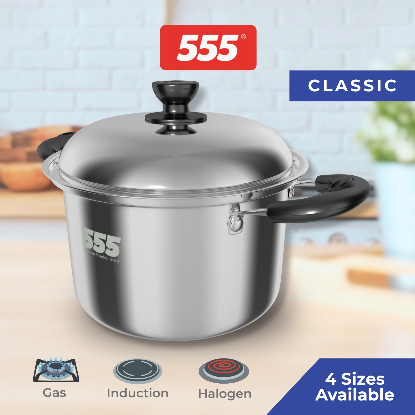 555 Classic Stainless Steel Cooking Pot - 304 Stainless Steel for Gas, Induction, Halogen & Electric