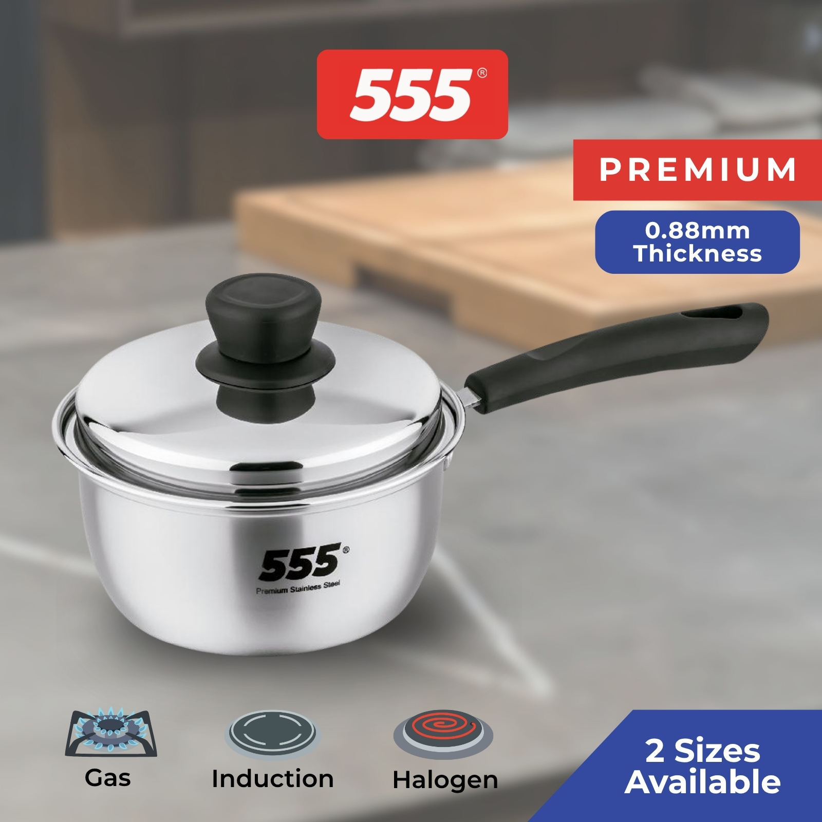 555 Premium Stainless Steel Saucepan - 304 Stainless Steel 0.88mm - Gas, Induction & Halogen Stoves