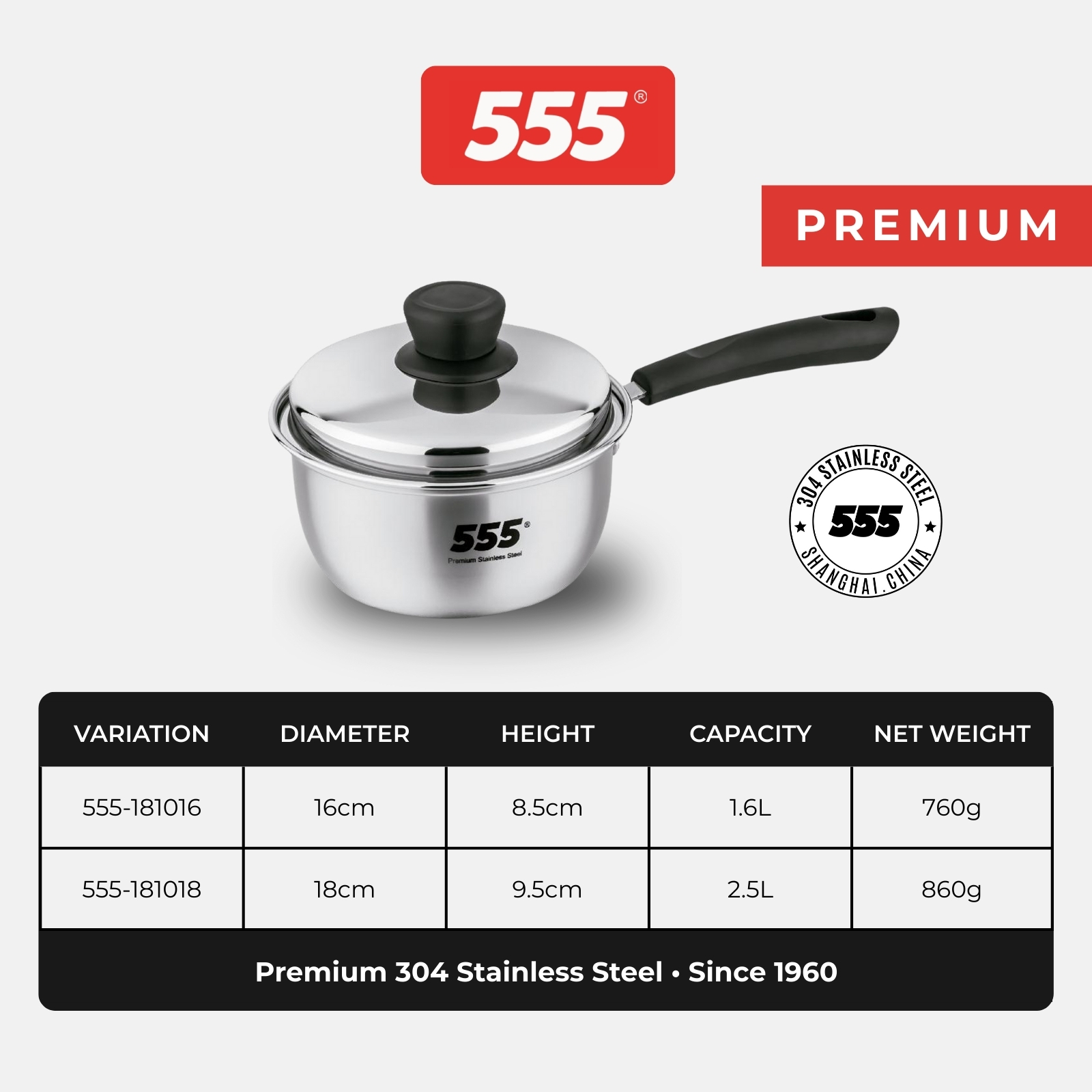 555 Premium Stainless Steel Saucepan - 304 Stainless Steel 0.88mm - Gas, Induction & Halogen Stoves