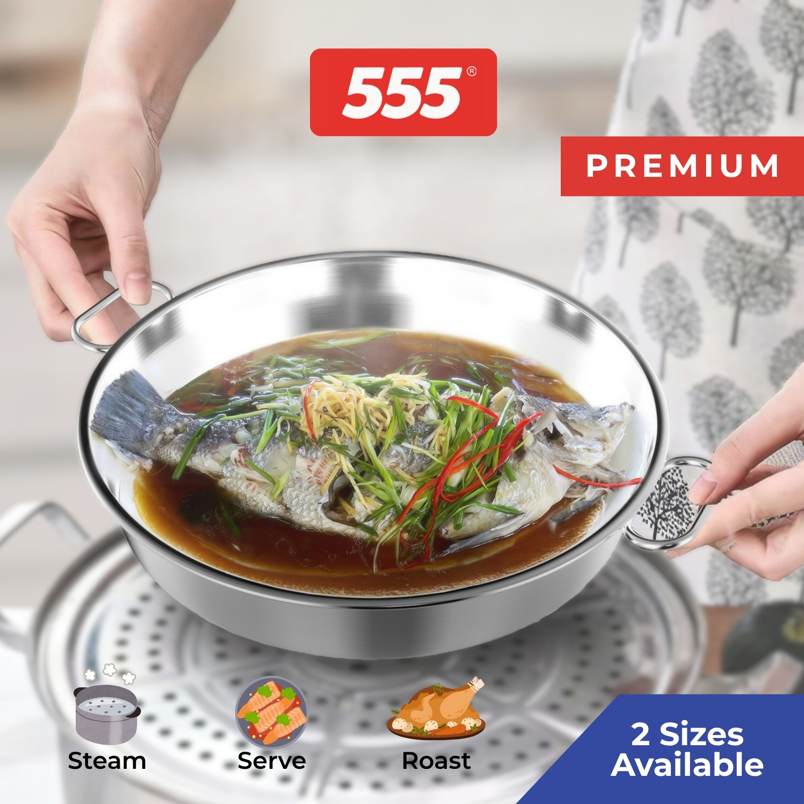 555 Premium Stainless Steel Baking & Steaming Pan with Handles - Fish, Curry Rice, Carrot Cake