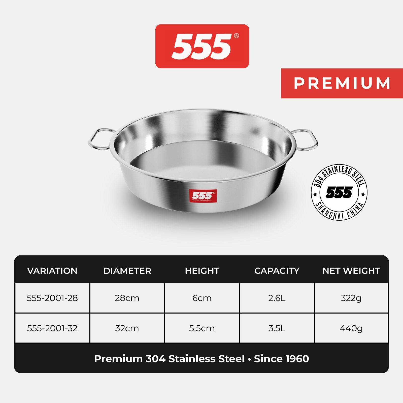 555 Premium Stainless Steel Baking & Steaming Pan with Handles - Fish, Curry Rice, Carrot Cake