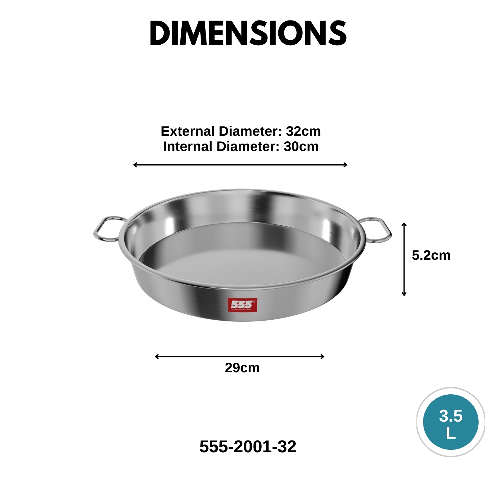 555 Premium Stainless Steel Baking Steaming Serving Pan with Carrying Handles - For Fish, Curry Rice, Carrot Cake