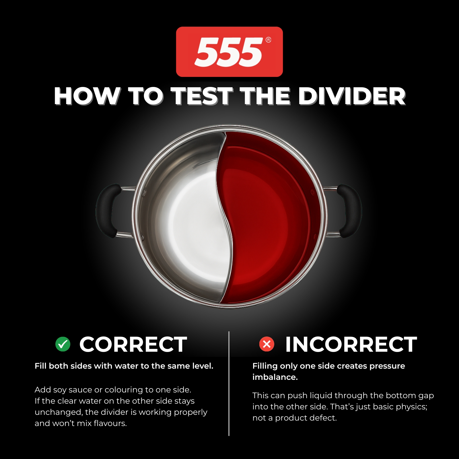 555 Premium Stainless Steel 2-Sided Yuanyang Hot Pot Steamboat with Divider - 28cm/30cm