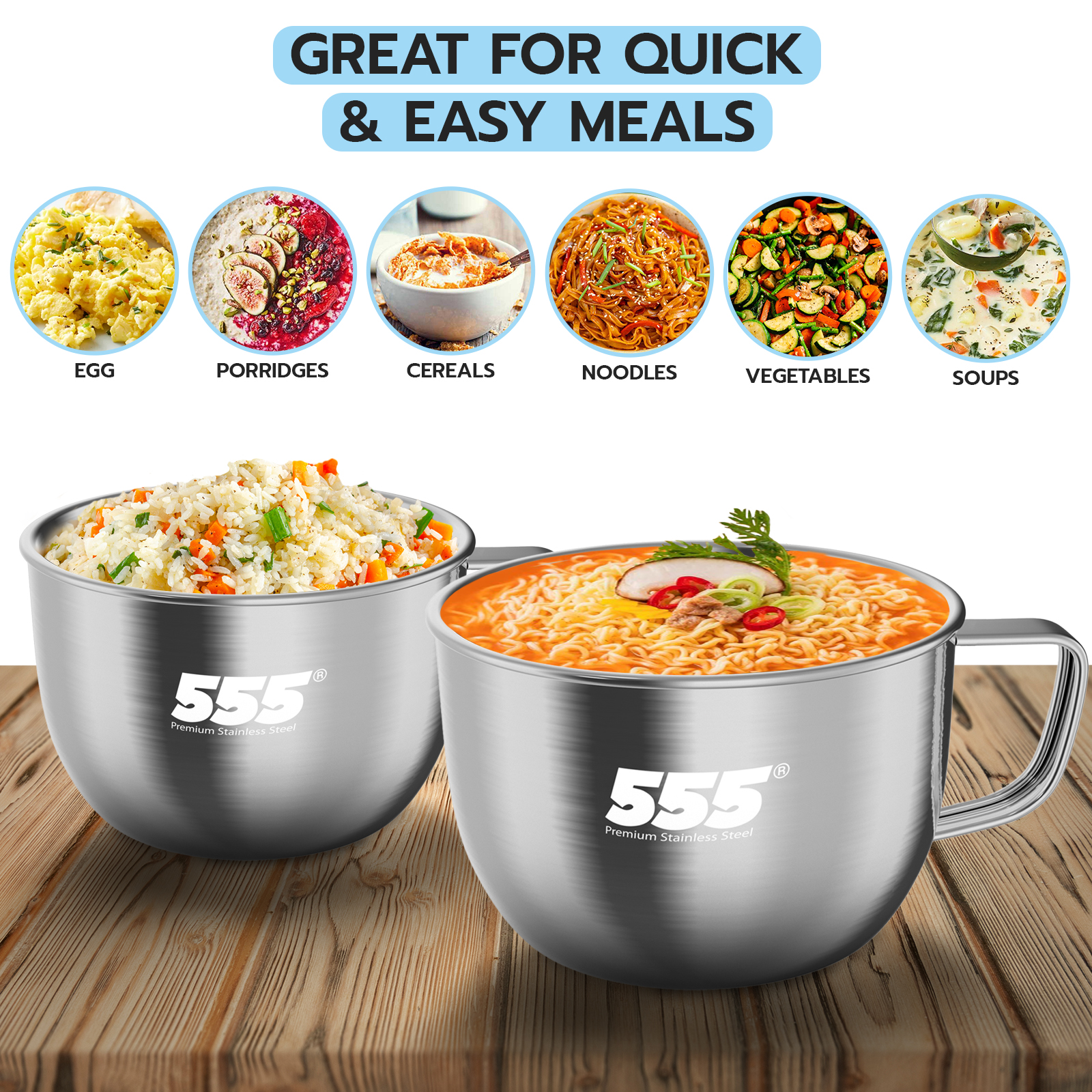 555 Stainless Steel Easi Noodle Cup 14cm - Dual Lid Tempered Glass for Cooking & PP for Storage