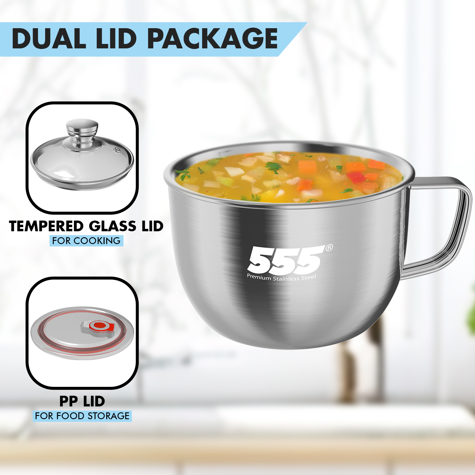 555 Stainless Steel Easi Noodle Cup 14cm - Dual Lid Tempered Glass for Cooking & PP for Storage