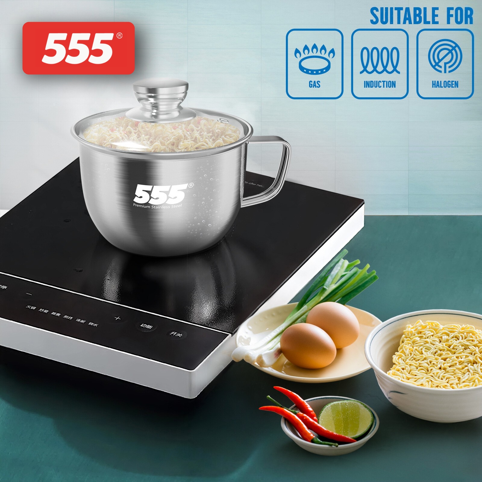 555 Premium Stainless Steel Easi Noodle Cup 14cm - Dual Lid for Cooking & Storage