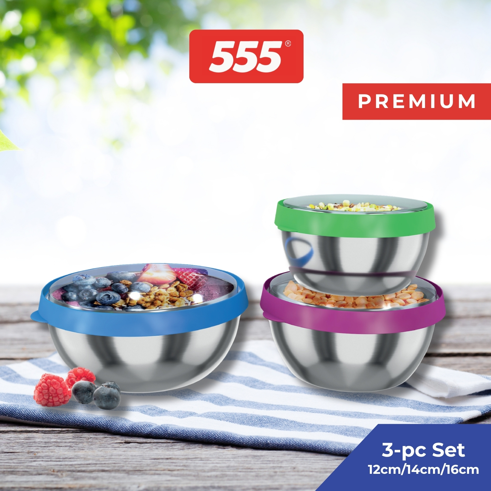 555 Premium Stainless Steel Bowl 3-pc Set with Snap-On Lids - 12cm/14cm/16cm