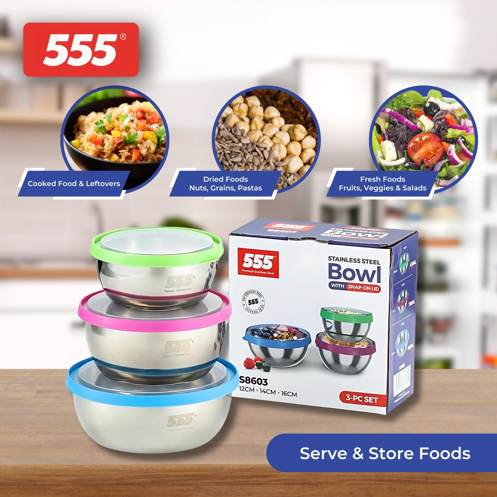 555 Premium Stainless Steel Bowl 3-pc Set with Snap-On Lids - 12cm/14cm/16cm