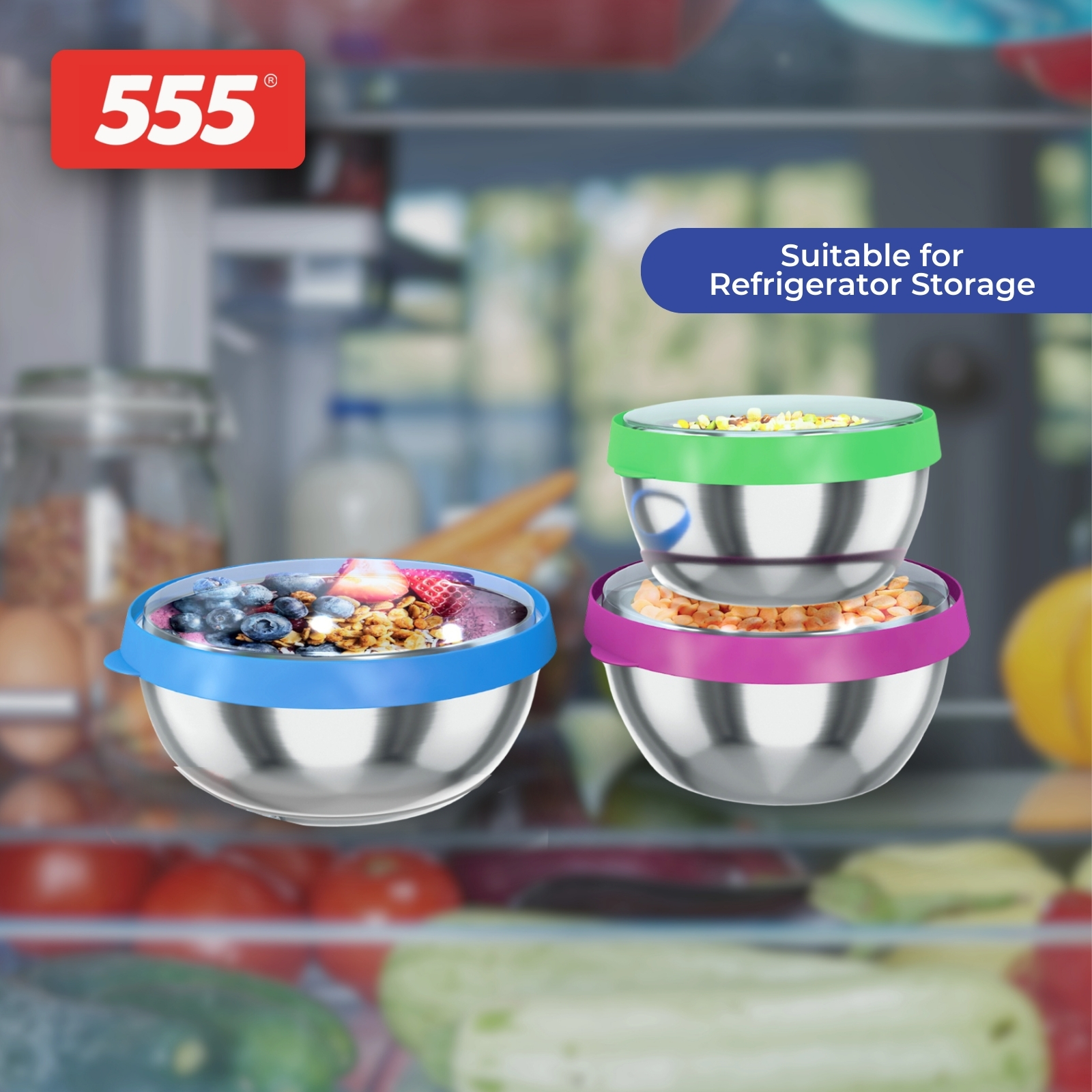 555 Premium Stainless Steel Bowl 3-pc Set with Snap-On Lids - 12cm/14cm/16cm