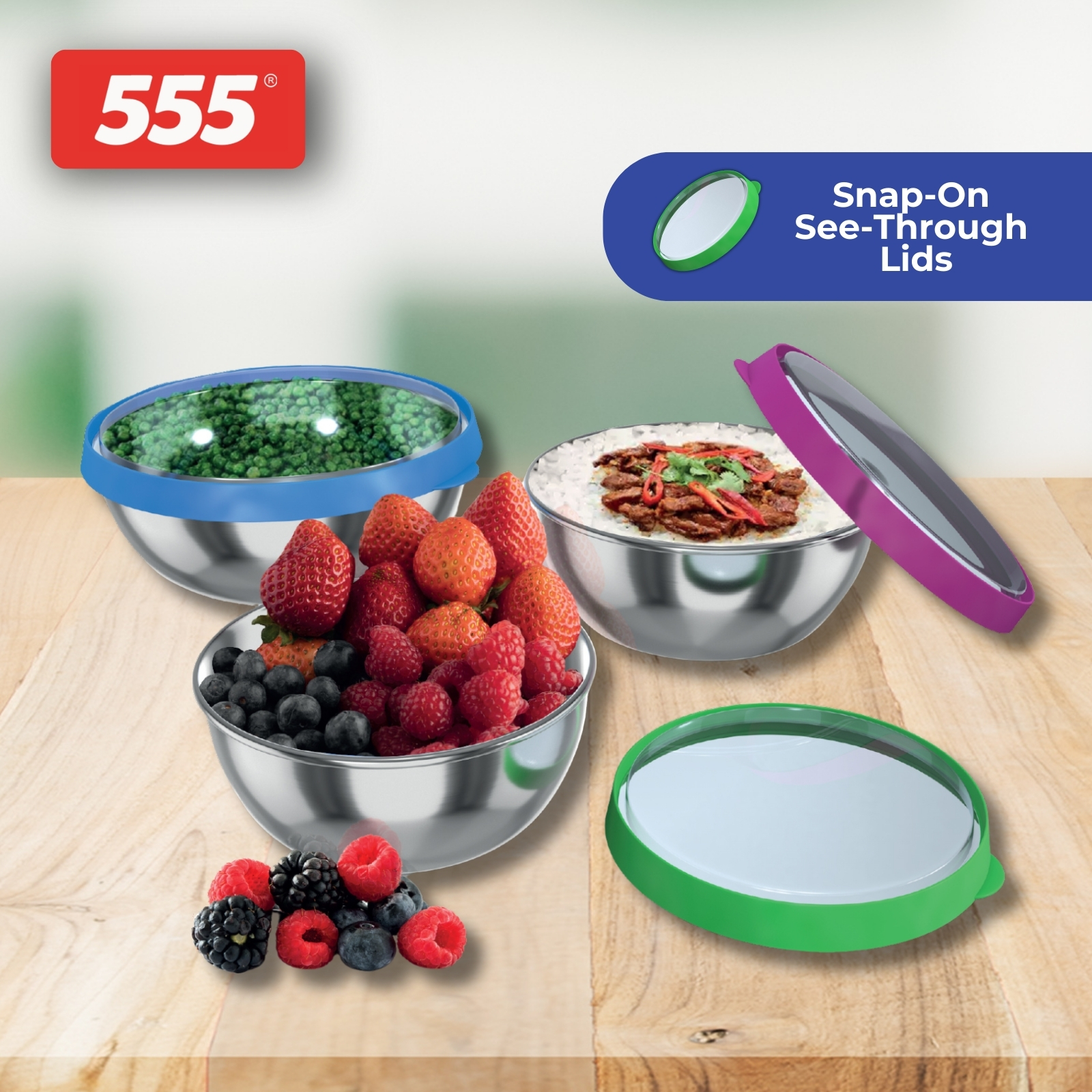 555 Premium Stainless Steel Bowl 3-pc Set with Snap-On Lids - 12cm/14cm/16cm