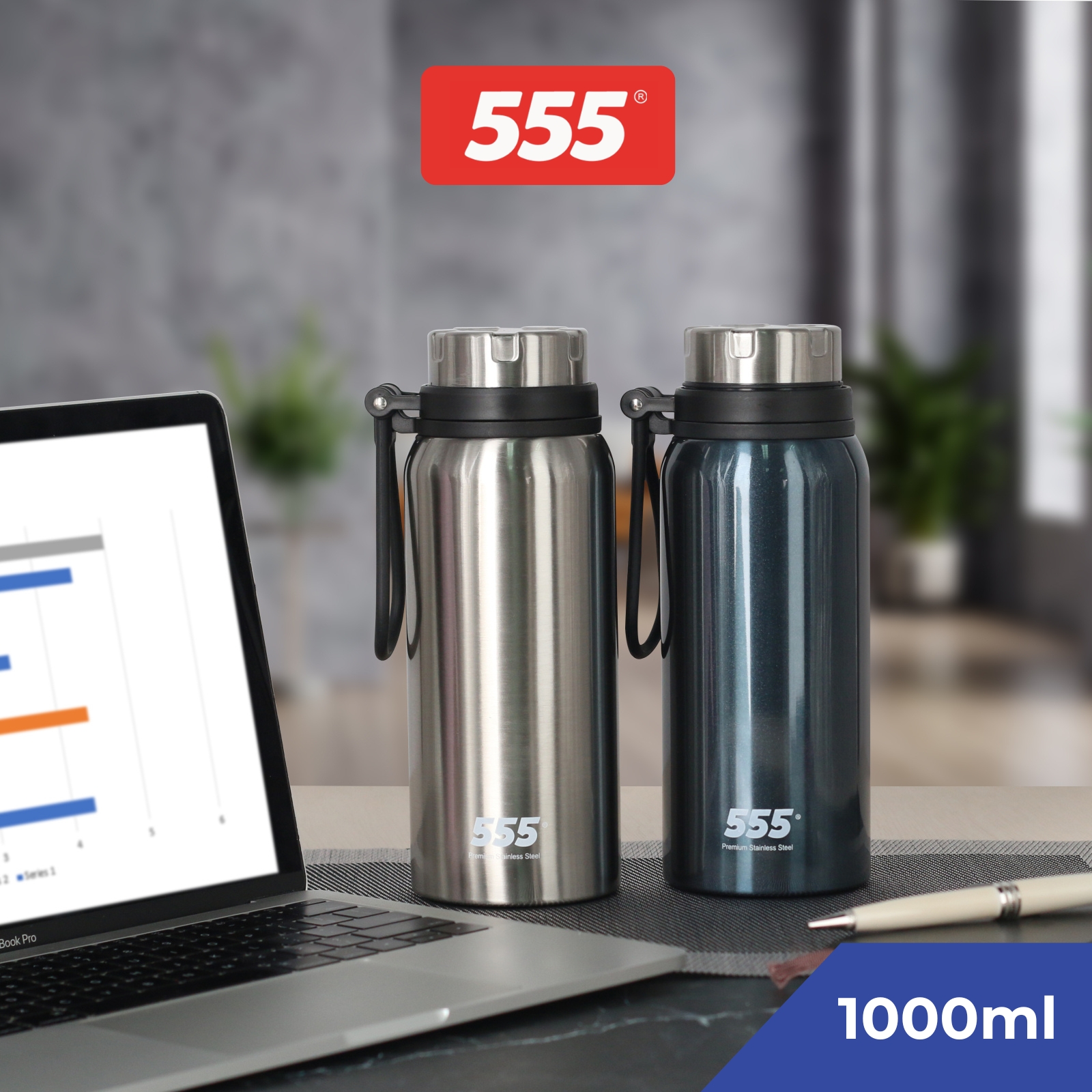 555 Stainless Steel Thermal Flask With Strap 1L | Keeps Hot & Cold Up To 24 Hours
