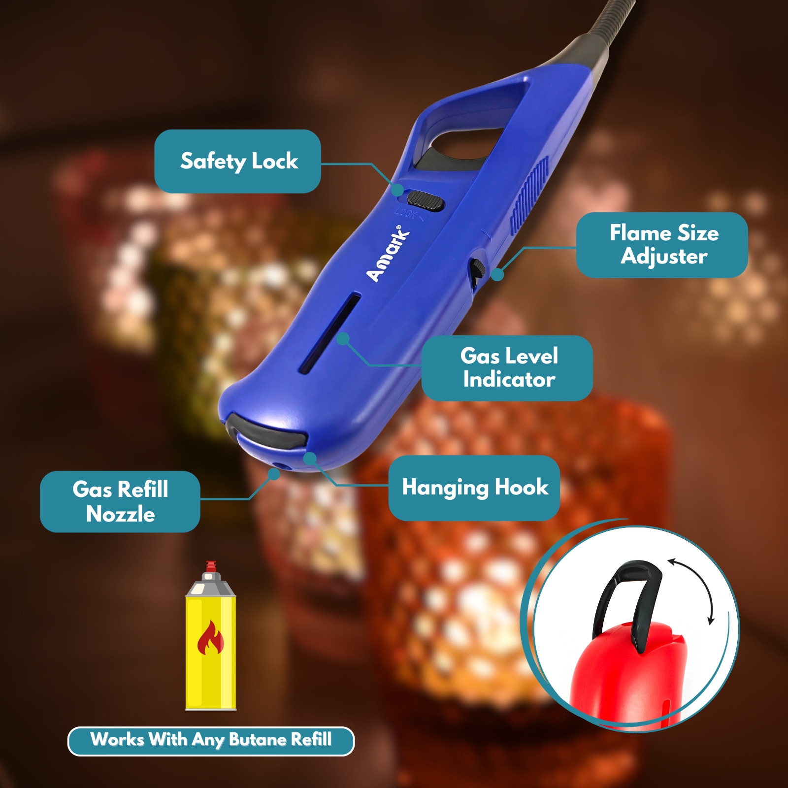 Amark Kitchen Collection Flexible Refillable Gas Lighter - Adjustable Flame & Safety Lock