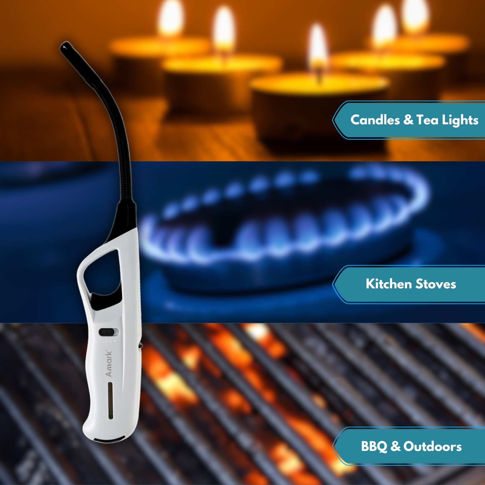 Amark Kitchen Collection Flexible Refillable Gas Lighter - Adjustable Flame & Safety Lock