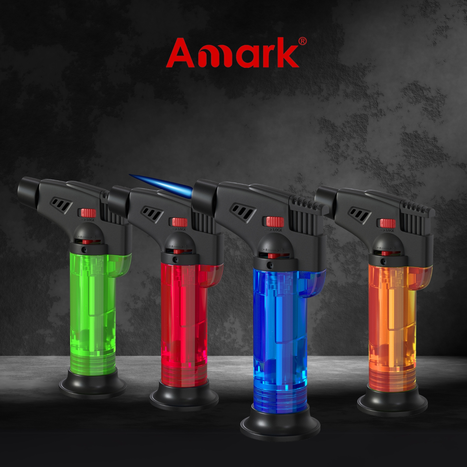 Amark Windproof Refillable Torch Lighter with Base - Adjustable Flame & Safety Lock