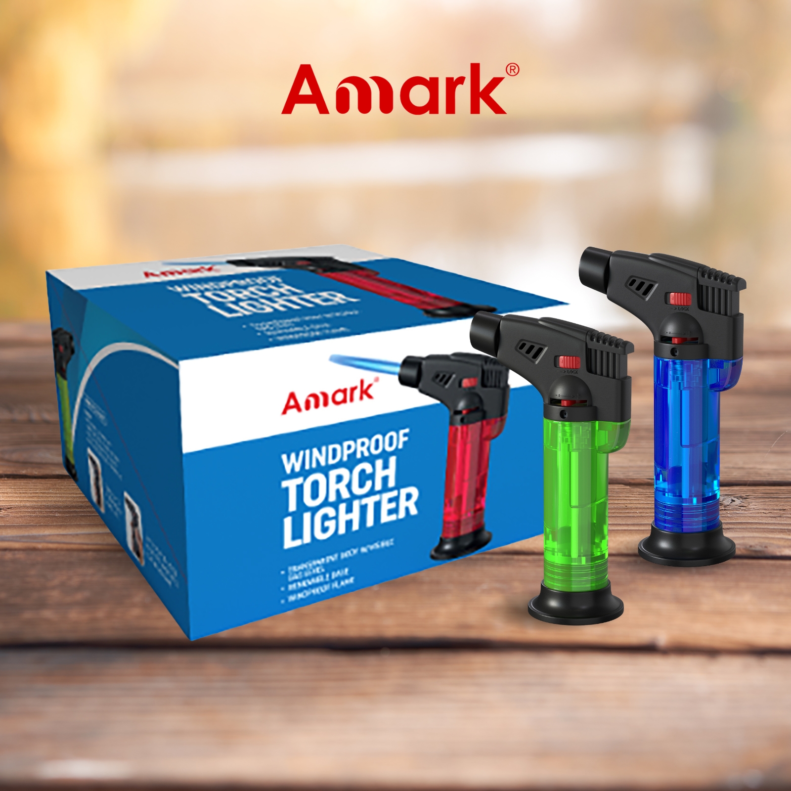 Amark Windproof Refillable Torch Lighter with Base - Adjustable Flame & Safety Lock