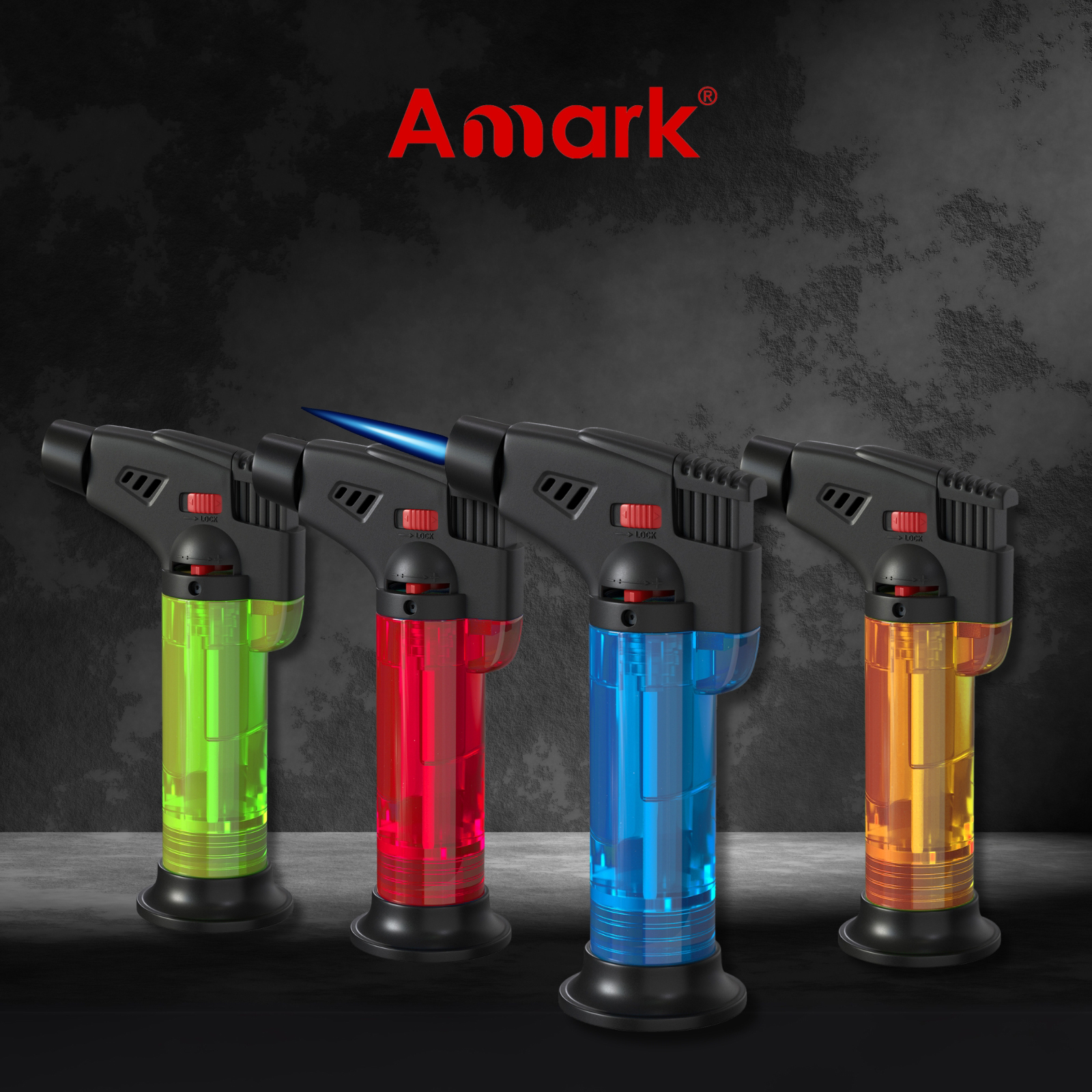 Amark Windproof Refillable Torch Lighter with Base - Adjustable Flame & Safety Lock